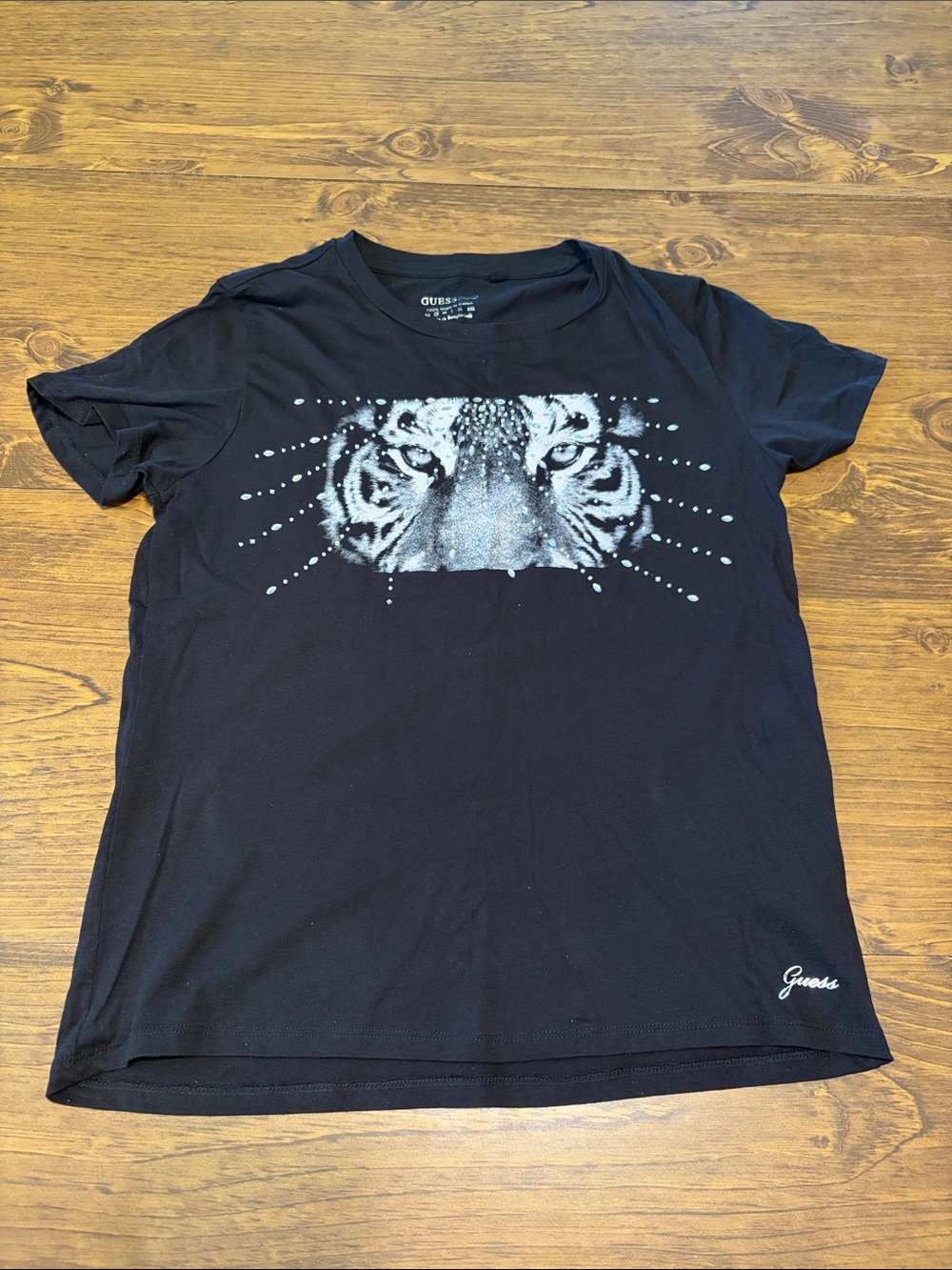 Guess Black Short-Sleeve Tee with Silver Tiger Graphic